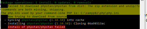 Error: failed to download phpstan/phpstan from dist: The zip extension and unzip/7z commands are both missing, skipping.