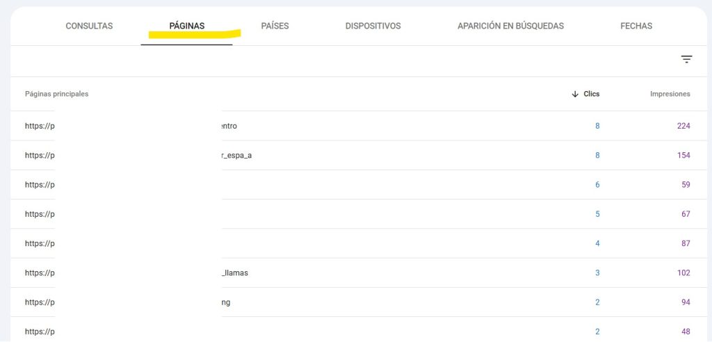 Search console revisar trafico por pagina