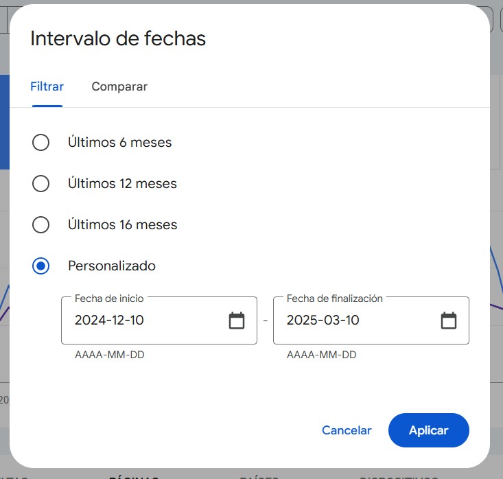 Search Console: filtro de fechas