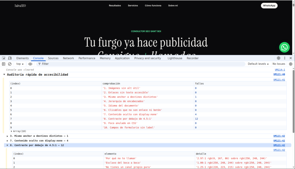 Consola del navegador con una tabla que enumera las diez comprobaciones de accesibilidad y el número de fallos encontrado en cada una