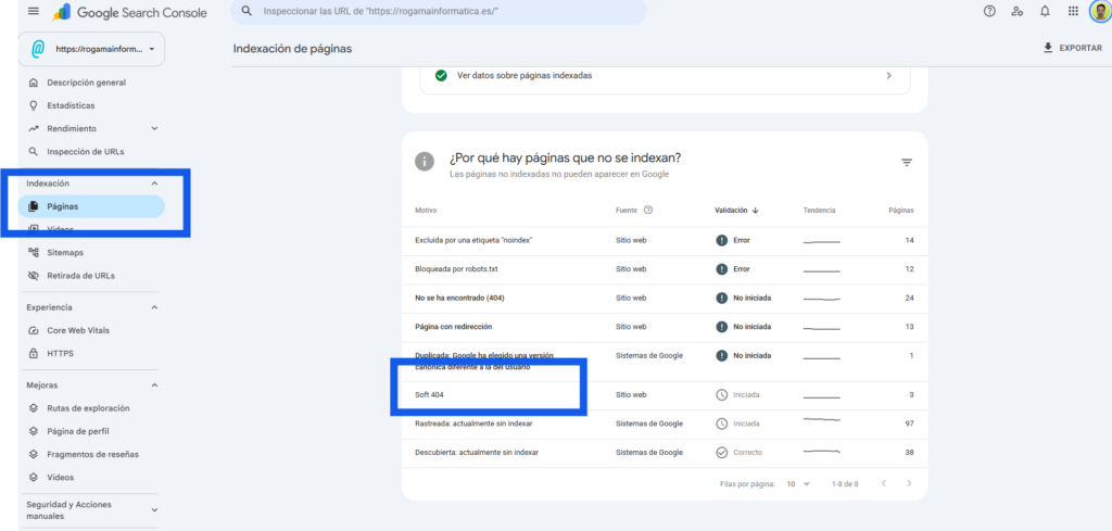 como detectar soft 404 en Search Console