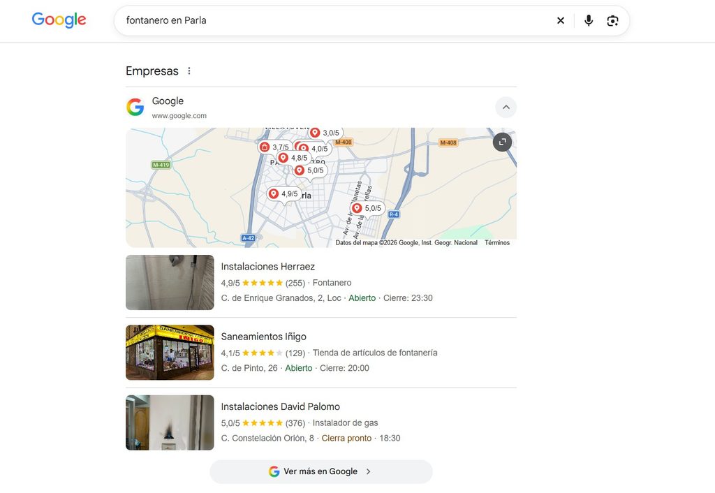resultados en Google para fontanero en parla