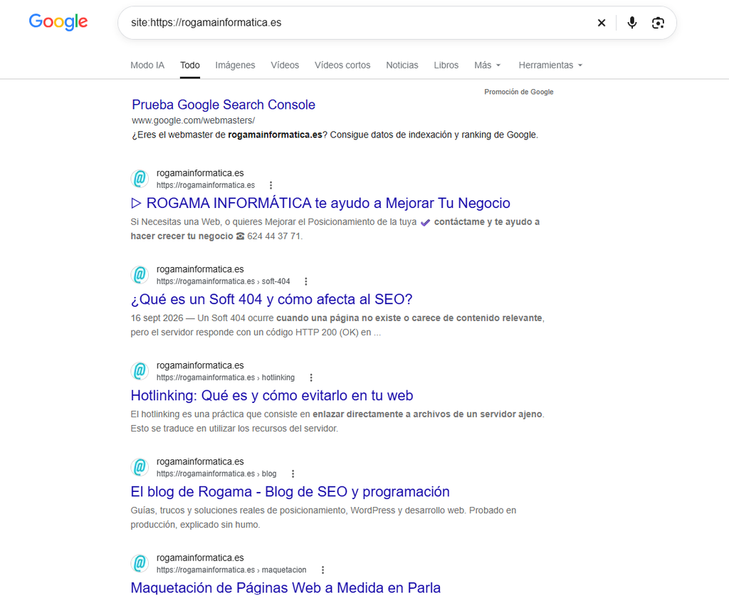 Site: con datos de lo que tiene indexado Google